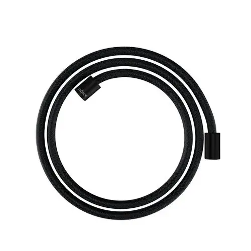 Schwarzer Textilbrauseschlauch mit zylindrischen Muttern, gebündelt in zwei Schleifen. Produkt ist von AXOR.